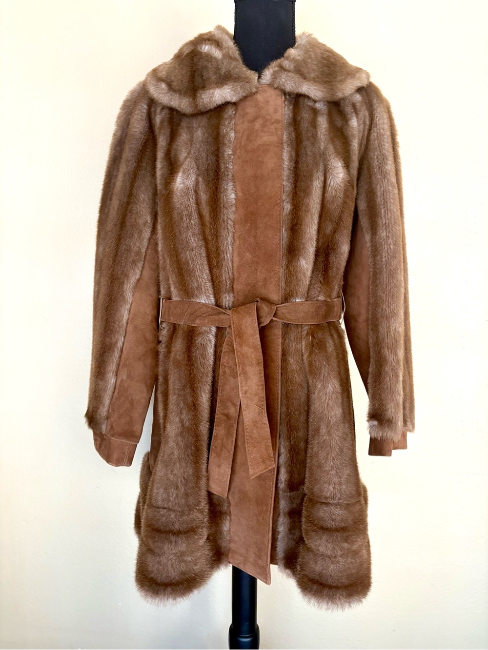 Vintage 70's Lilli Ann London Leathers Faux Fur Coat Genuine Leather Trim Brown